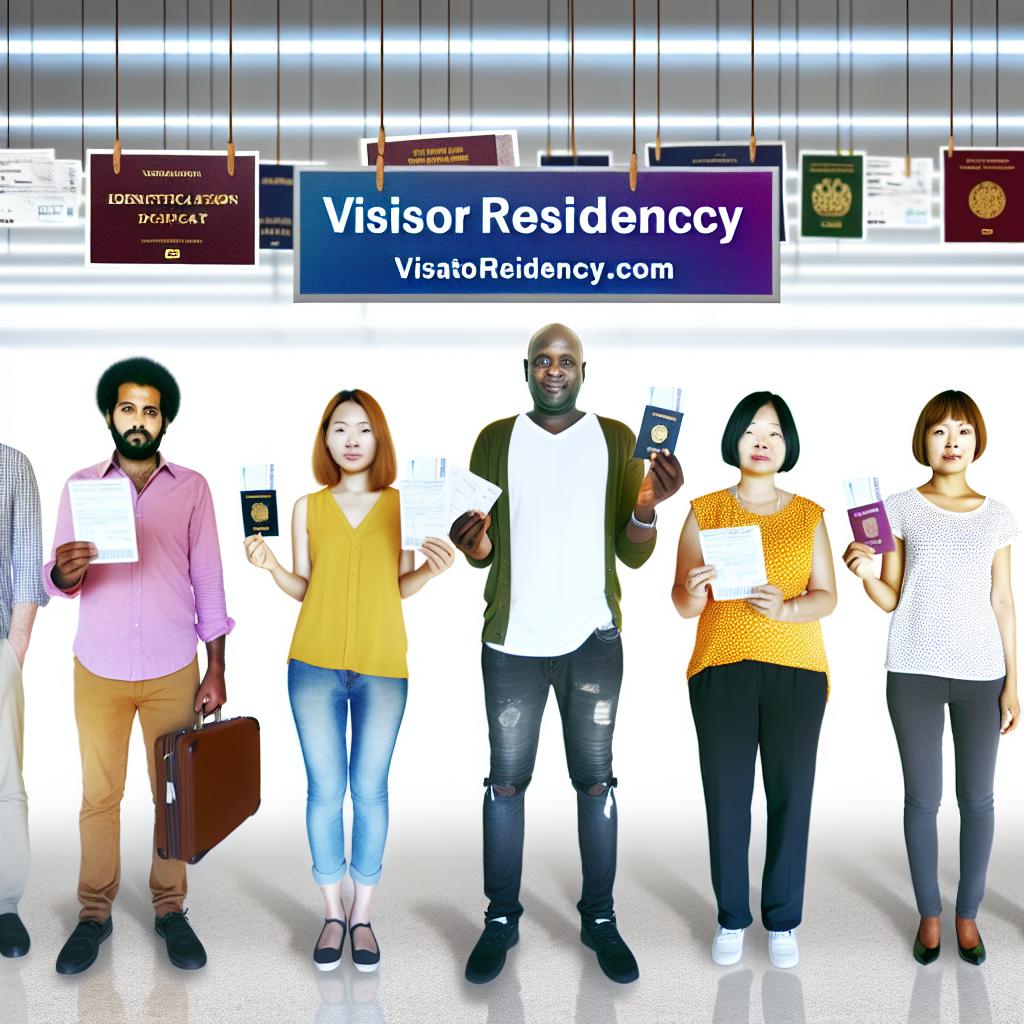 A diverse group of people of different ethnicities and nationalities standing in a line, holding passports and documents, with a large website URL VisatoResidency.com displayed prominently above them.